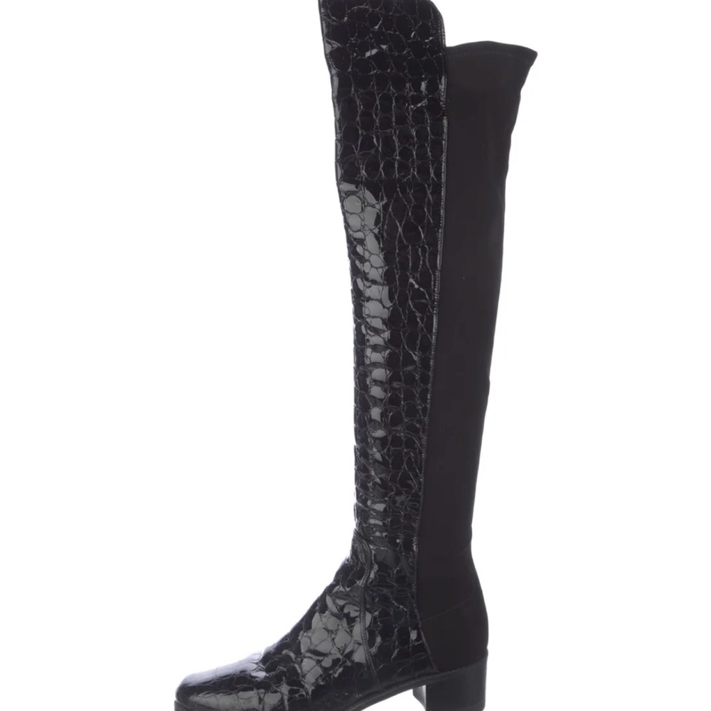 Stuart Weitzman Black Over-the-Knee Croc-Texture Boots